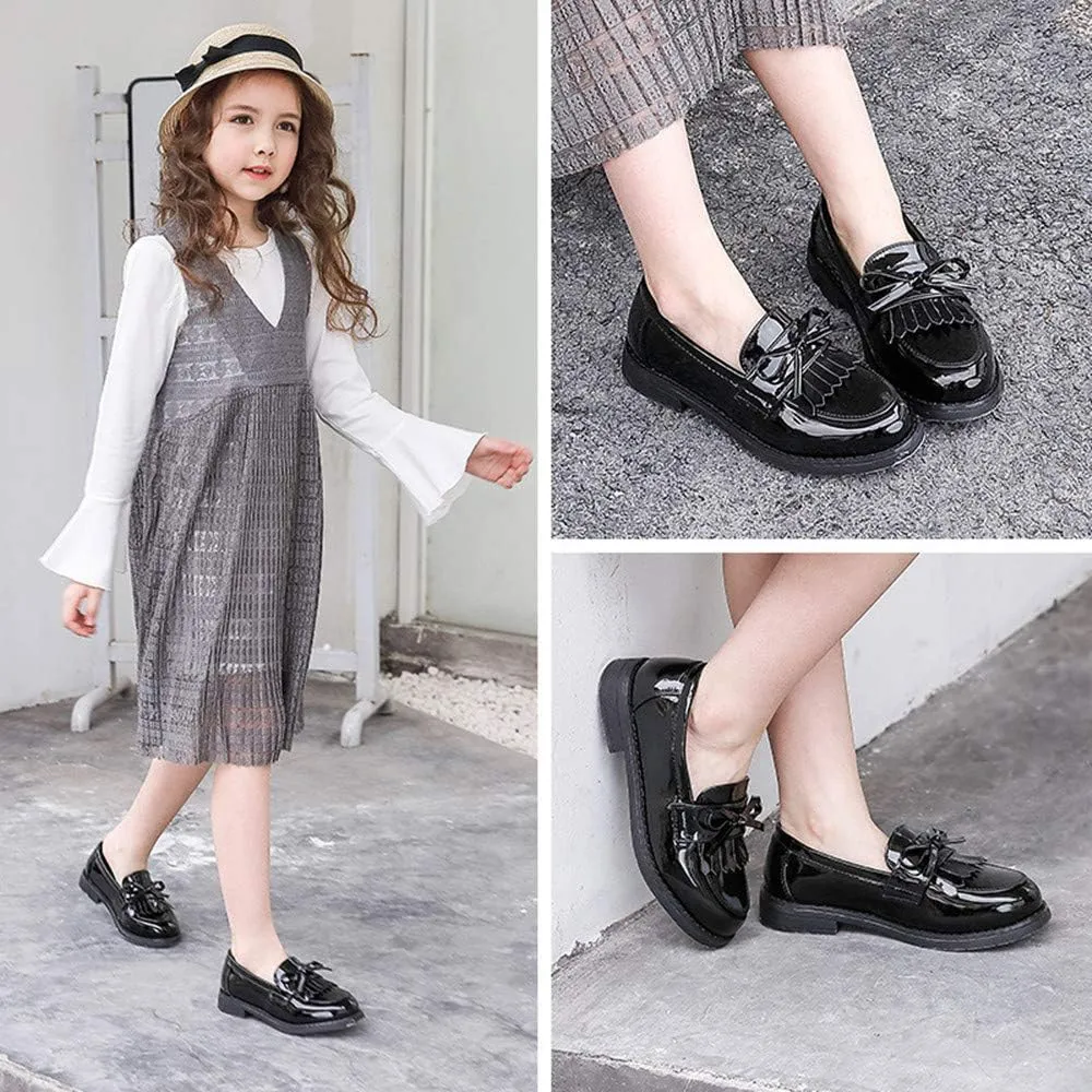 TangDao Toddler Little Kids Girls Slip On Round Toe Patent Leather Penny Loafers Flats School Uniform Kids Tassel Bowknot Boat Casual Princess Dress Shoes