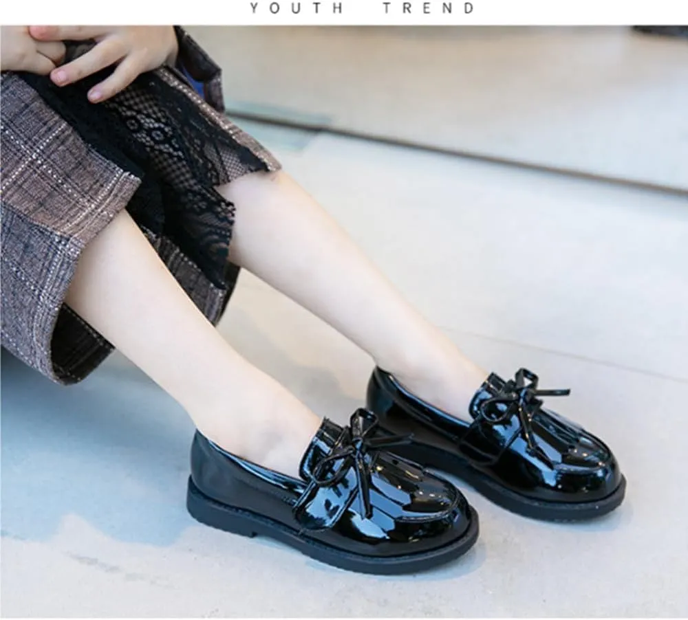 TangDao Toddler Little Kids Girls Slip On Round Toe Patent Leather Penny Loafers Flats School Uniform Kids Tassel Bowknot Boat Casual Princess Dress Shoes