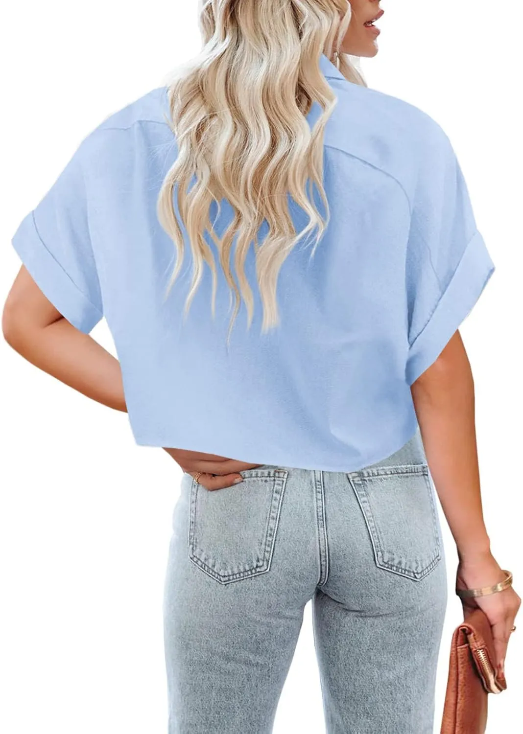 Tankaneo Womens Button Down Cropped Shirts Long Sleeve Casual Crop Tops Solid Lapel Blouse Shirt with Chest Pocket