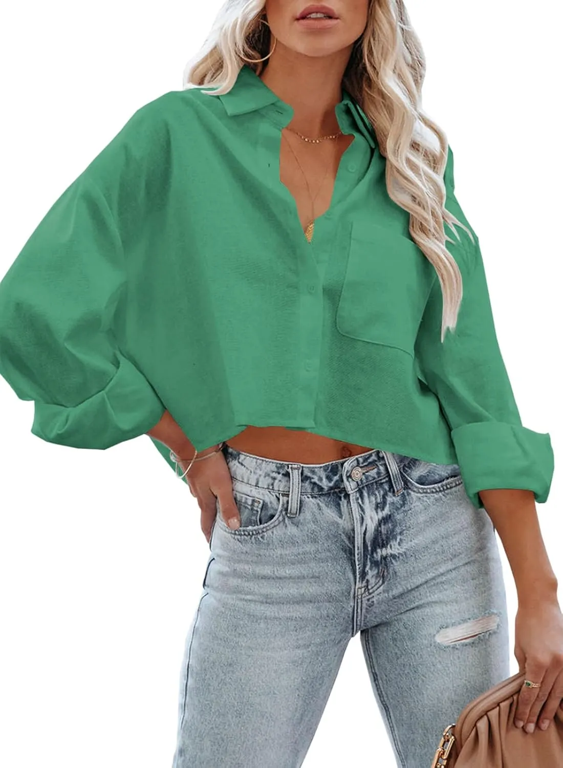 Tankaneo Womens Button Down Cropped Shirts Long Sleeve Casual Crop Tops Solid Lapel Blouse Shirt with Chest Pocket