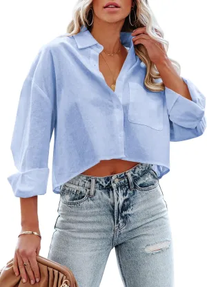 Tankaneo Womens Button Down Cropped Shirts Long Sleeve Casual Crop Tops Solid Lapel Blouse Shirt with Chest Pocket