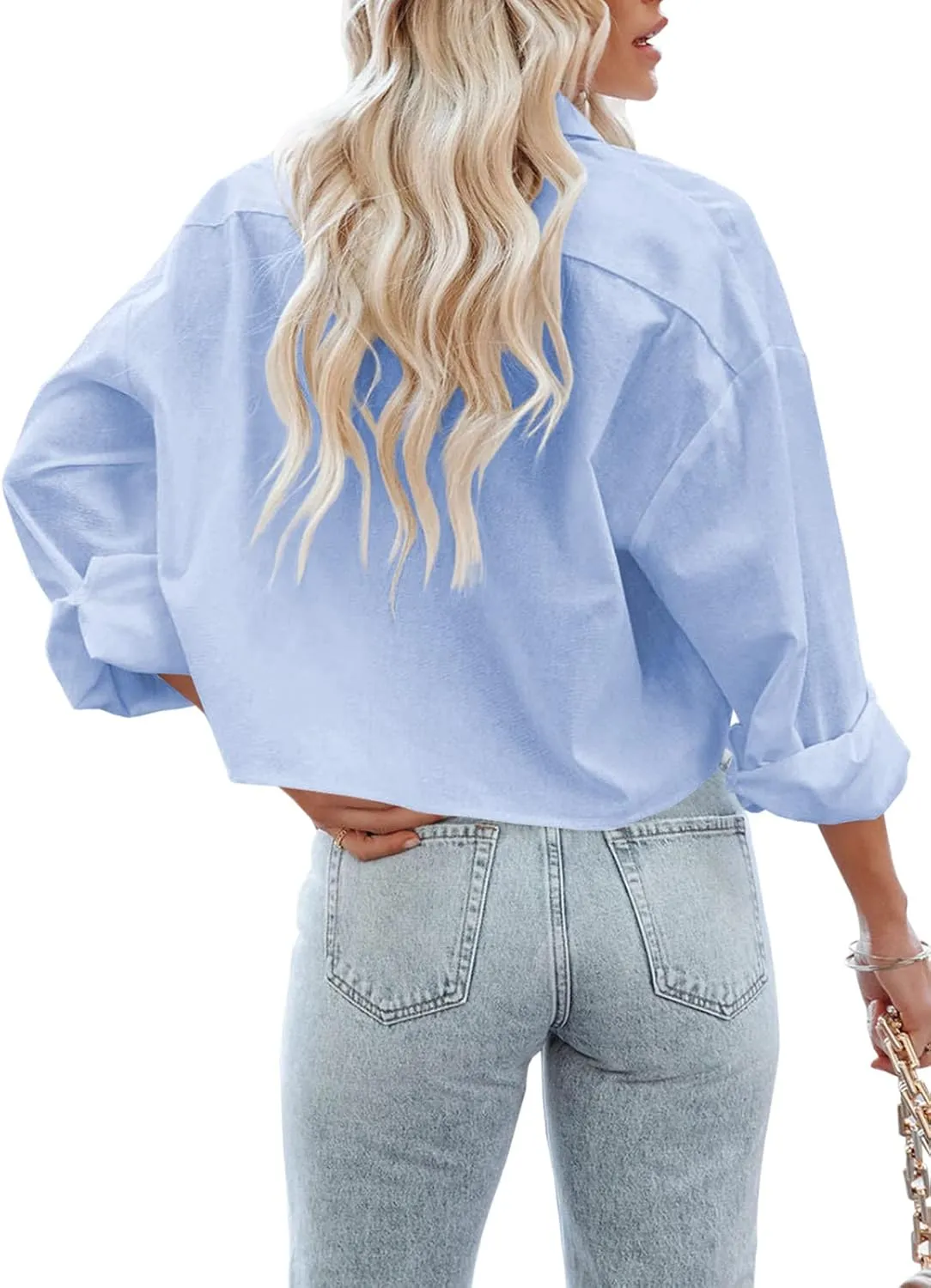 Tankaneo Womens Button Down Cropped Shirts Long Sleeve Casual Crop Tops Solid Lapel Blouse Shirt with Chest Pocket