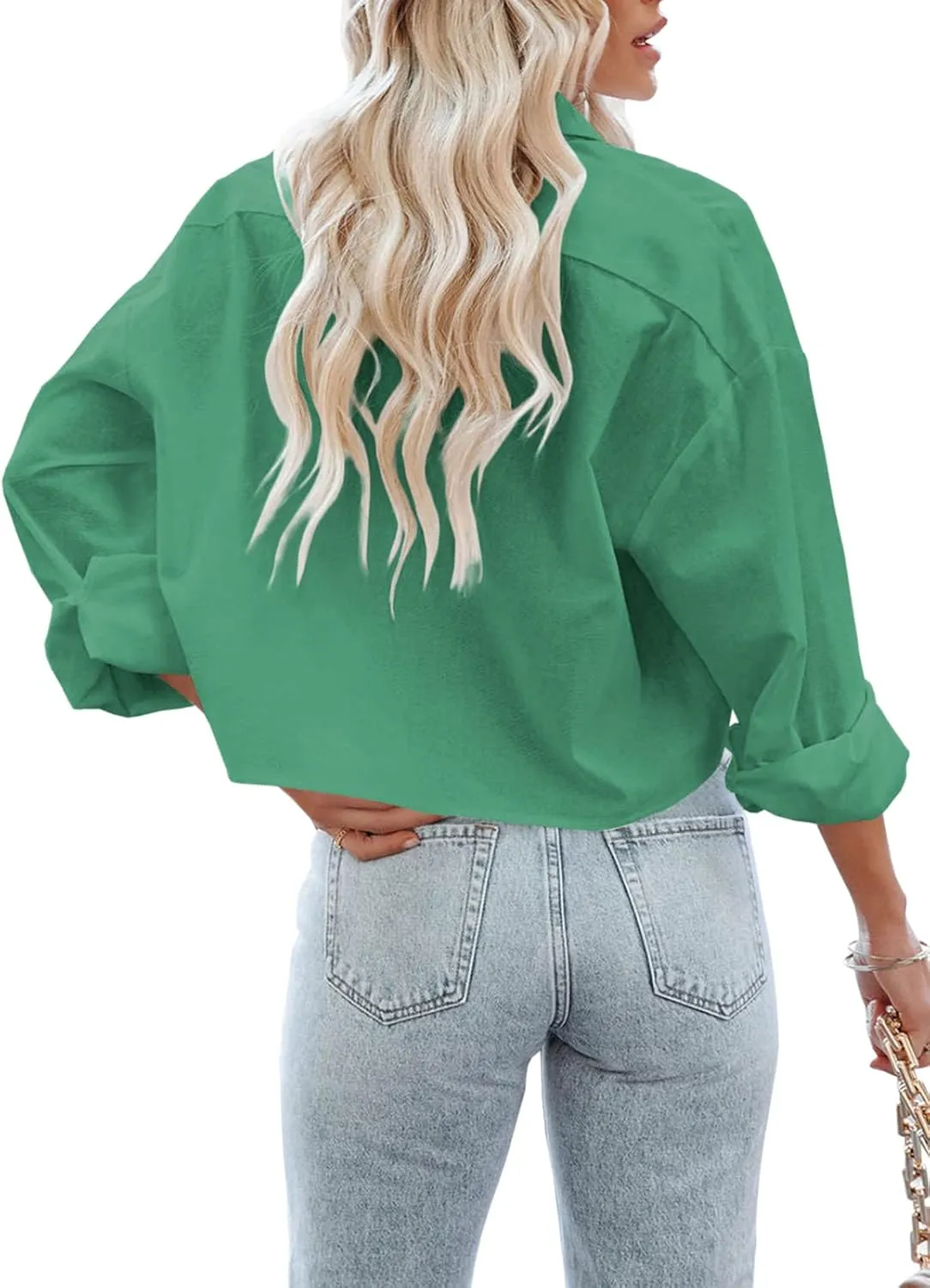 Tankaneo Womens Button Down Cropped Shirts Long Sleeve Casual Crop Tops Solid Lapel Blouse Shirt with Chest Pocket
