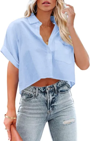 Tankaneo Womens Button Down Cropped Shirts Long Sleeve Casual Crop Tops Solid Lapel Blouse Shirt with Chest Pocket