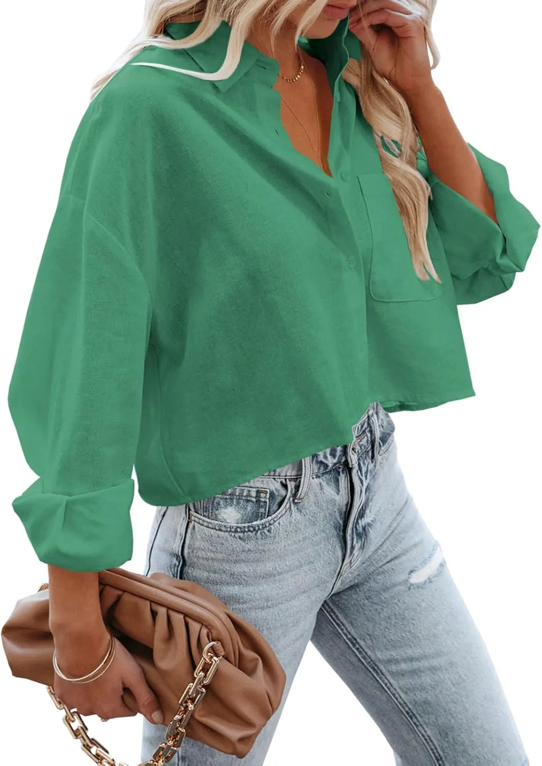 Tankaneo Womens Button Down Cropped Shirts Long Sleeve Casual Crop Tops Solid Lapel Blouse Shirt with Chest Pocket