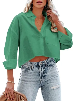 Tankaneo Womens Button Down Cropped Shirts Long Sleeve Casual Crop Tops Solid Lapel Blouse Shirt with Chest Pocket