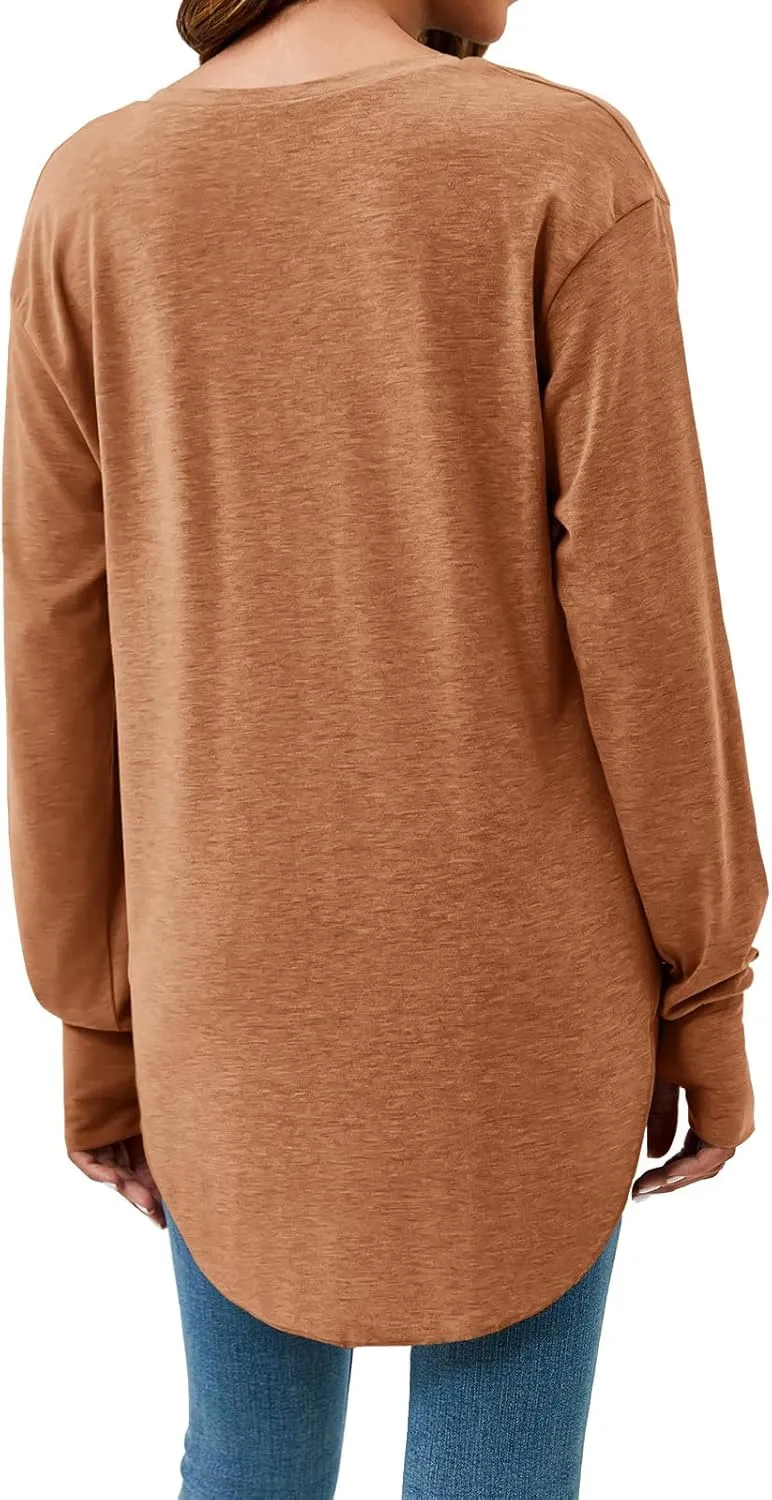 Tankaneo Womens Deep V Neck Tunic Tops Long Sleeve Oversized Casual Loose Fit Curved Hem T Shirts