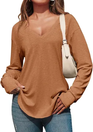 Tankaneo Womens Deep V Neck Tunic Tops Long Sleeve Oversized Casual Loose Fit Curved Hem T Shirts