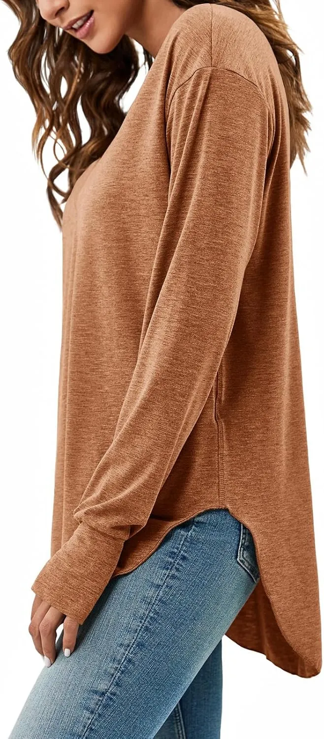 Tankaneo Womens Deep V Neck Tunic Tops Long Sleeve Oversized Casual Loose Fit Curved Hem T Shirts