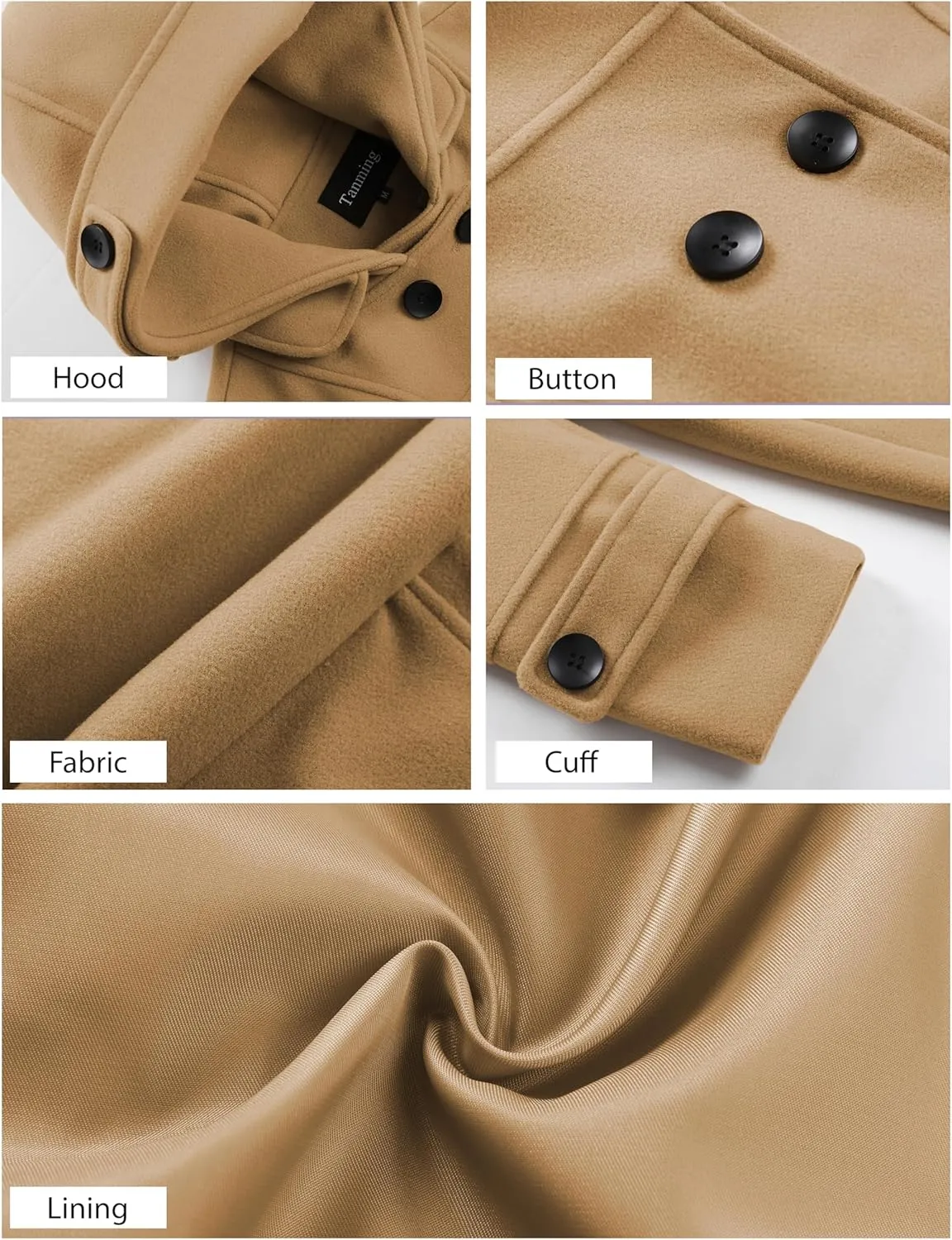 Tanming Women's Warm Double Breasted Wool Pea Coat Trench Coat Jacket with Hood