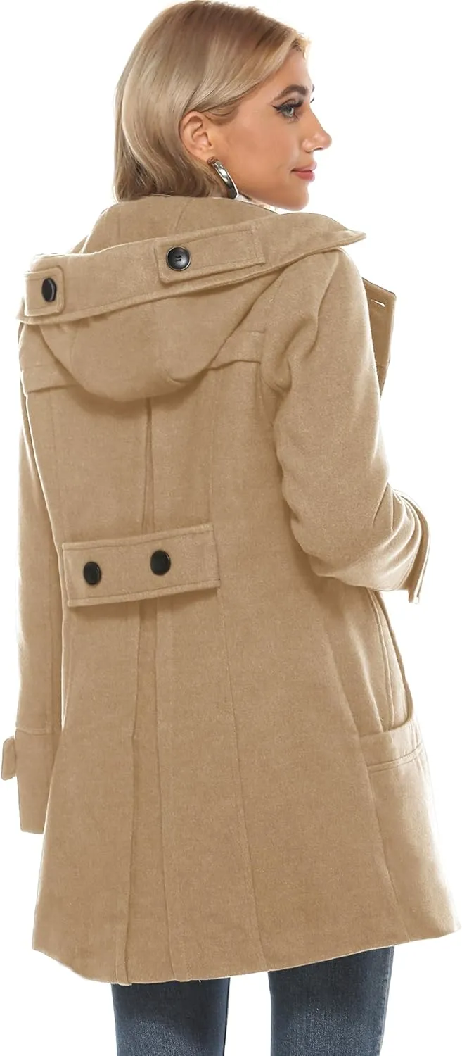 Tanming Women's Warm Double Breasted Wool Pea Coat Trench Coat Jacket with Hood