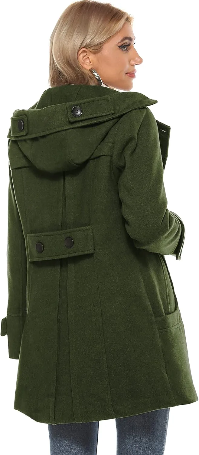 Tanming Women's Warm Double Breasted Wool Pea Coat Trench Coat Jacket with Hood