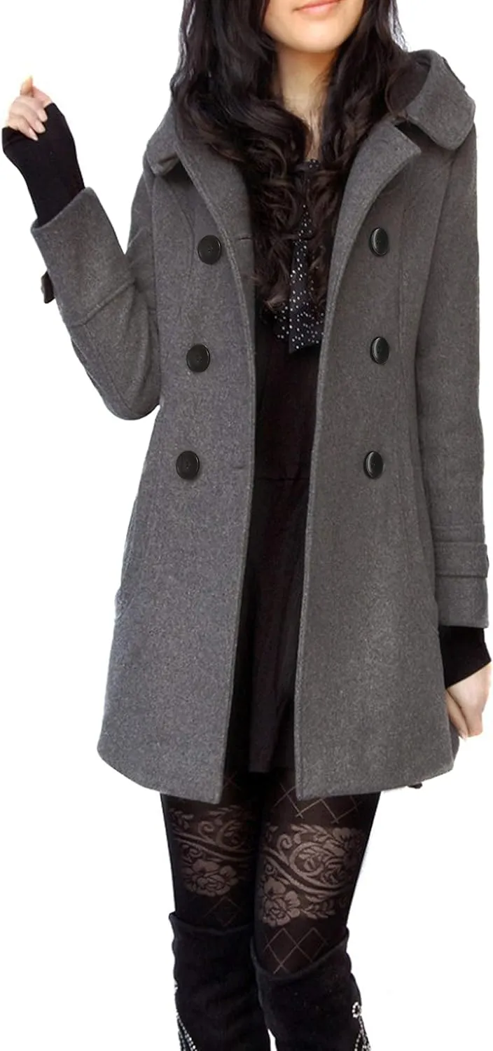 Tanming Women's Warm Double Breasted Wool Pea Coat Trench Coat Jacket with Hood