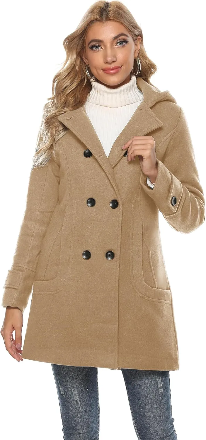 Tanming Women's Warm Double Breasted Wool Pea Coat Trench Coat Jacket with Hood