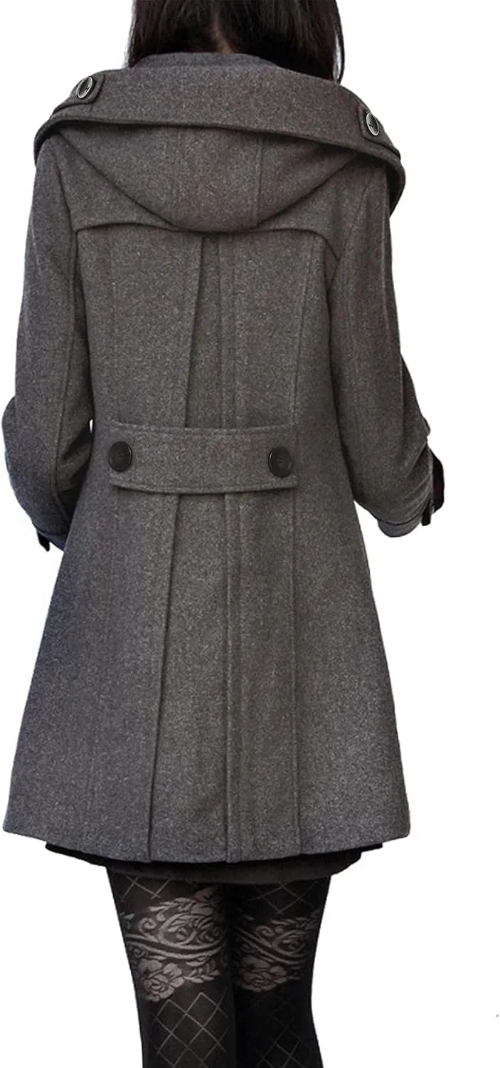 Tanming Women's Warm Double Breasted Wool Pea Coat Trench Coat Jacket with Hood