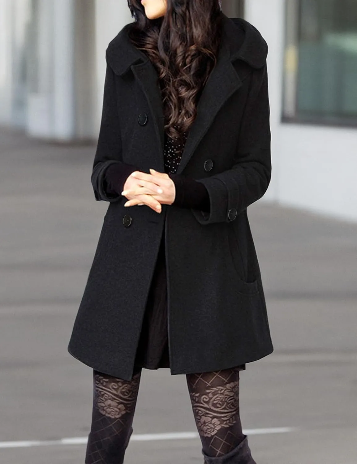Tanming Women's Warm Double Breasted Wool Pea Coat Trench Coat Jacket with Hood