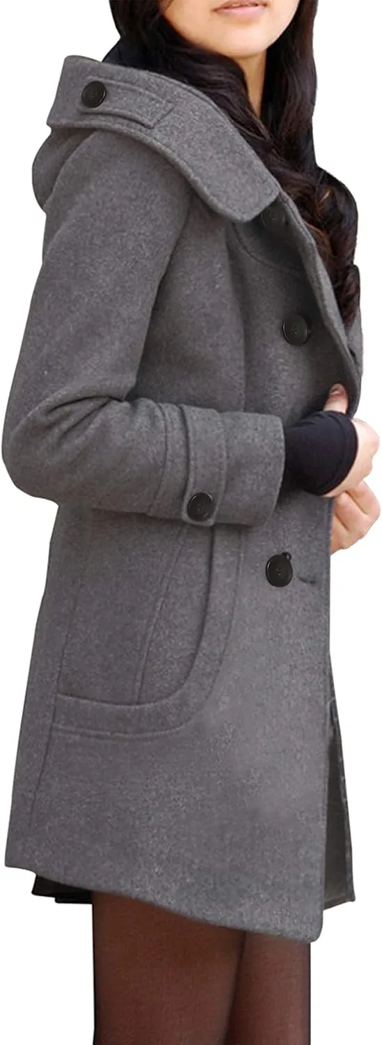 Tanming Women's Warm Double Breasted Wool Pea Coat Trench Coat Jacket with Hood