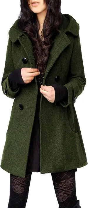 Tanming Women's Warm Double Breasted Wool Pea Coat Trench Coat Jacket with Hood