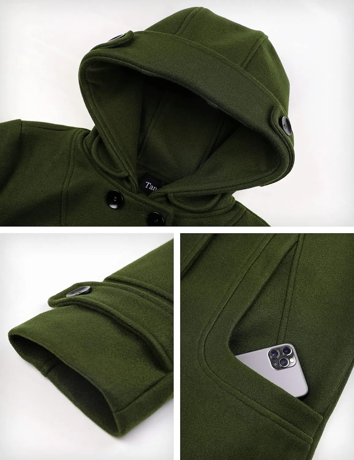 Tanming Women's Warm Double Breasted Wool Pea Coat Trench Coat Jacket with Hood
