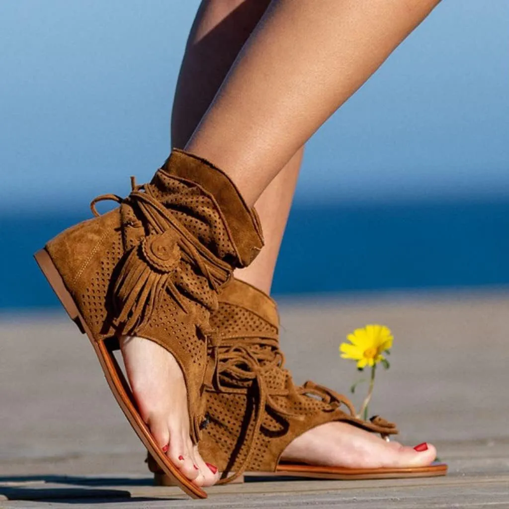 Tassel Sandals for Women, Summer Retro Bohemian T Strap Open Toe Sandals Casual Breathable Comfortable Beach Flat Ankle Boots