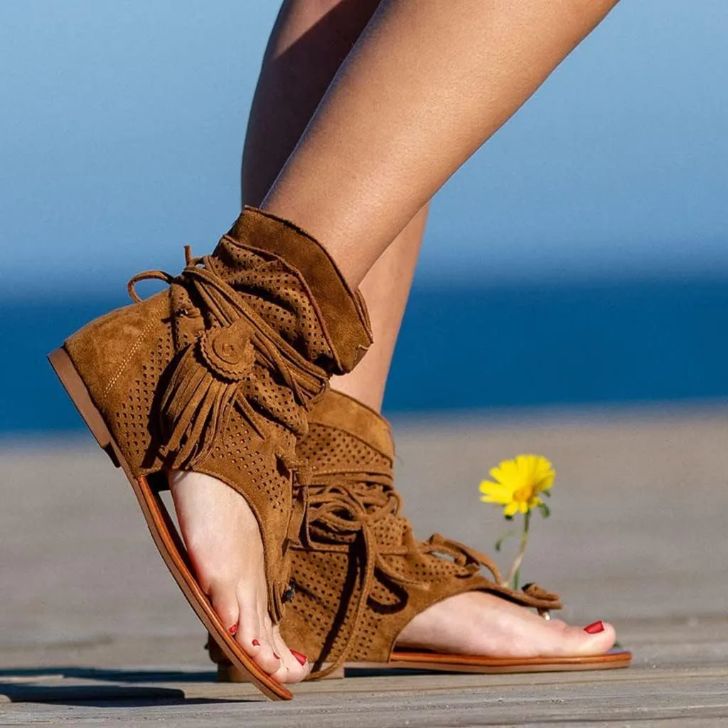 Tassel Sandals for Women, Summer Retro Bohemian T Strap Open Toe Sandals Casual Breathable Comfortable Beach Flat Ankle Boots