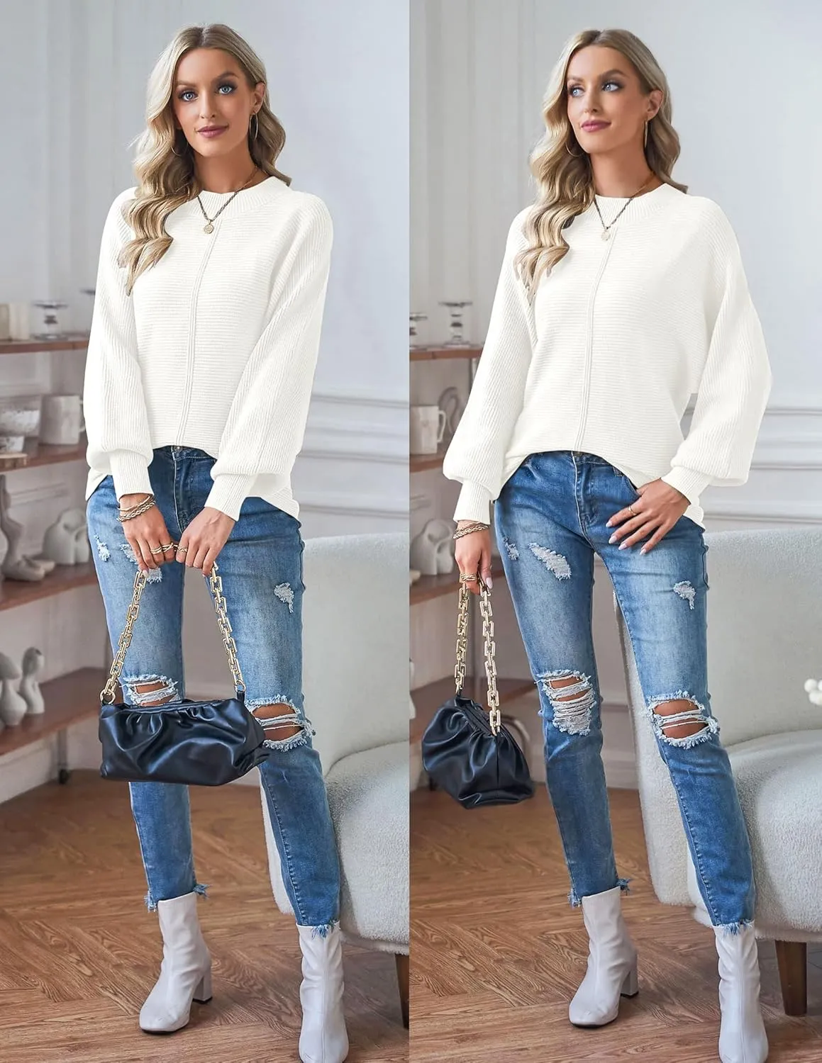 TECREW Women's Batwing Long Sleeve Crew Neck Pullover Sweater Soft Ribbed Knit Sweater Top
