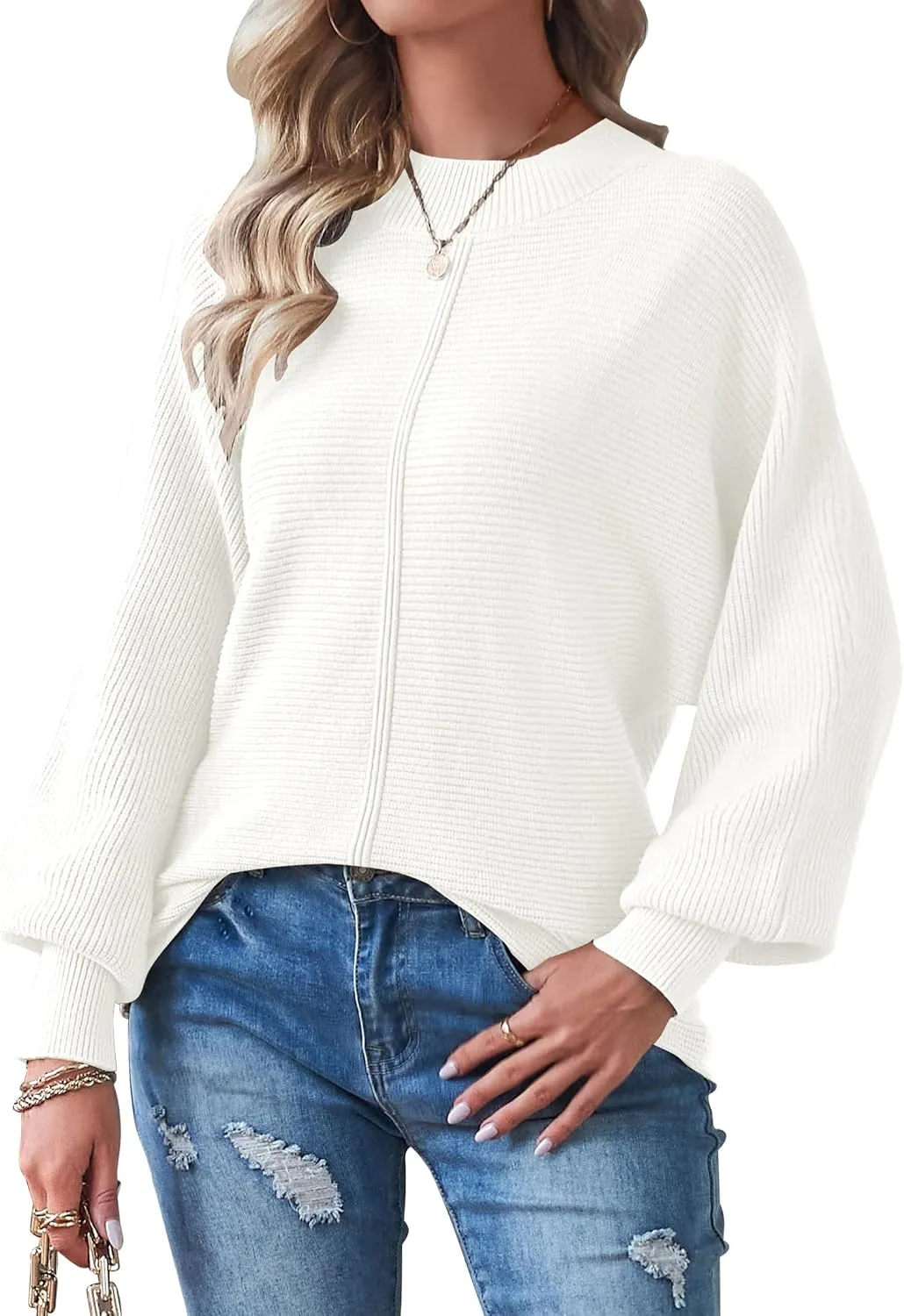 TECREW Women's Batwing Long Sleeve Crew Neck Pullover Sweater Soft Ribbed Knit Sweater Top