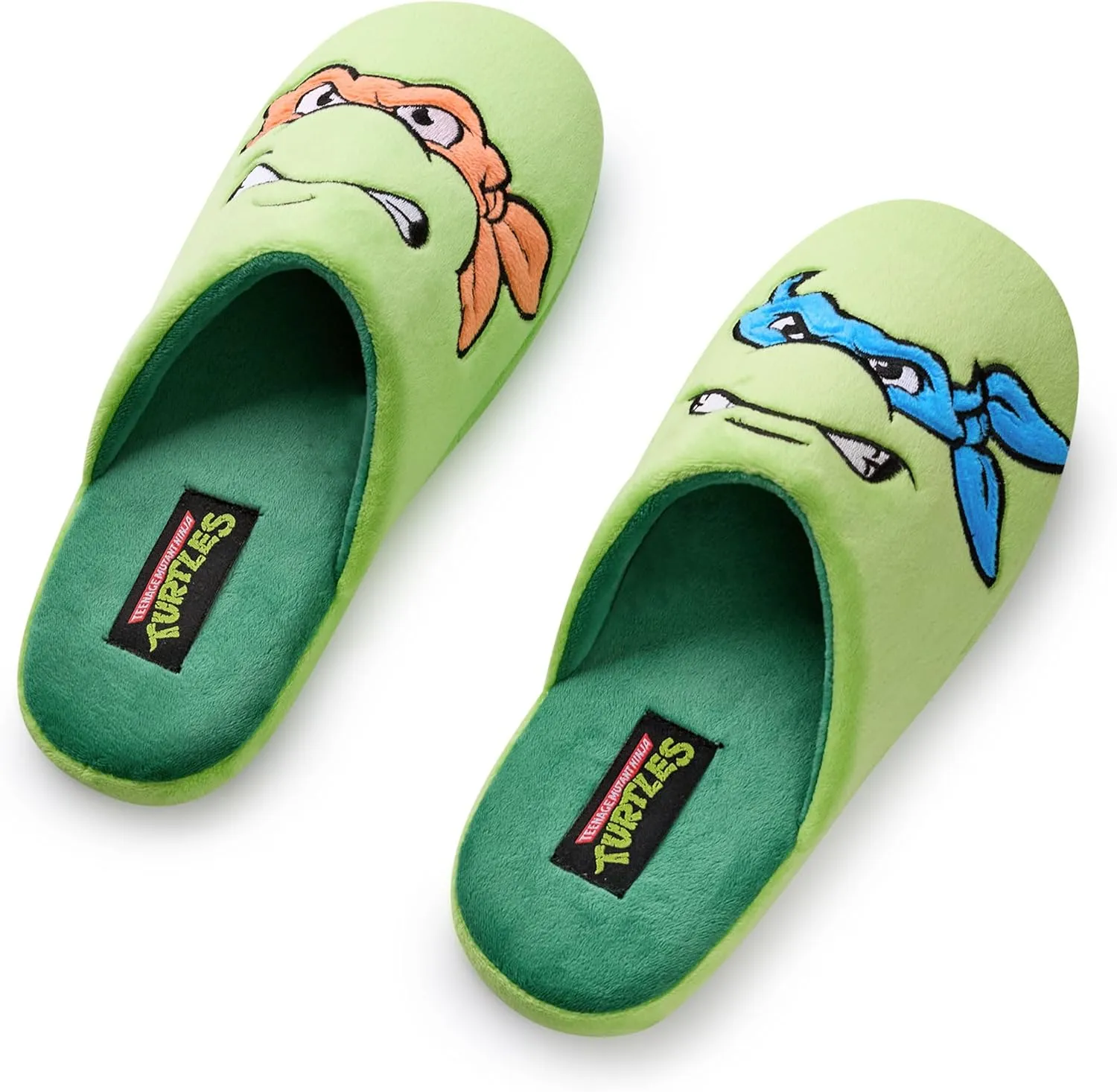 Teenage Mutant Ninja Turtles Mens Slippers | TMNT Leonardo & Mikey Character Slip-On Mules in Green Cartoon Indoor Footwear