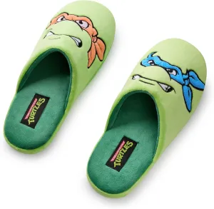 Teenage Mutant Ninja Turtles Mens Slippers | TMNT Leonardo & Mikey Character Slip-On Mules in Green Cartoon Indoor Footwear