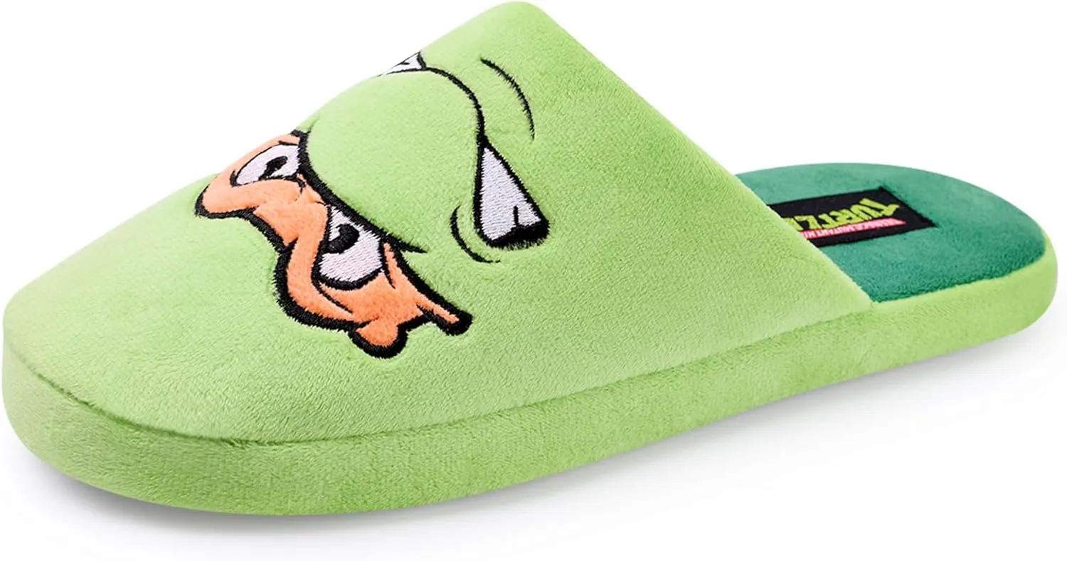 Teenage Mutant Ninja Turtles Mens Slippers | TMNT Leonardo & Mikey Character Slip-On Mules in Green Cartoon Indoor Footwear