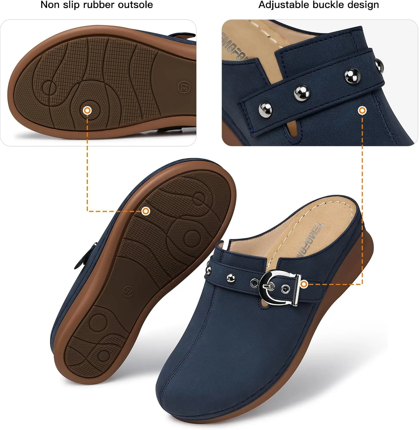 TEMOFON Clogs for Women Slip on Mules: Walking Comfortable, Non Slip, Closed Toe Sandals, Casual Summer Shoes Black Navy Brown Size 5-11