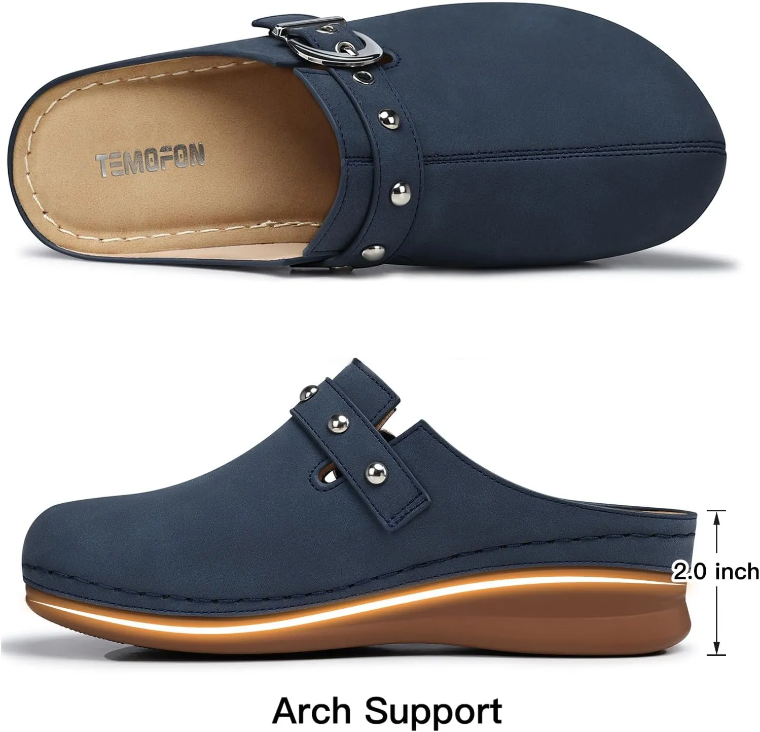 TEMOFON Clogs for Women Slip on Mules: Walking Comfortable, Non Slip, Closed Toe Sandals, Casual Summer Shoes Black Navy Brown Size 5-11