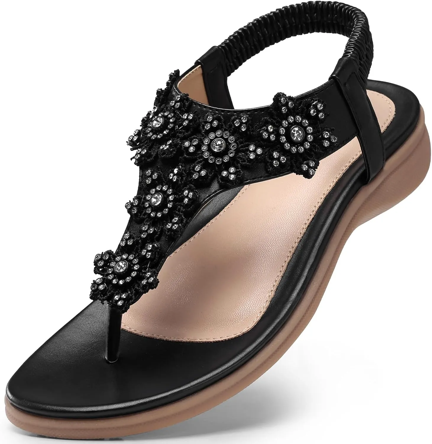 TEMOFON Sandals for Women Flat Dressy: Summer Flower Sandals with Ankle Strap Comfortable Casual Walking Flat Sandals Size 5-11