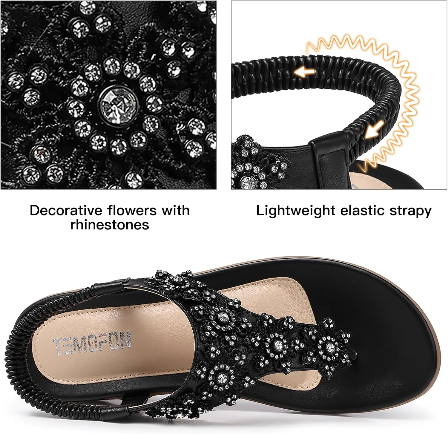 TEMOFON Sandals for Women Flat Dressy: Summer Flower Sandals with Ankle Strap Comfortable Casual Walking Flat Sandals Size 5-11