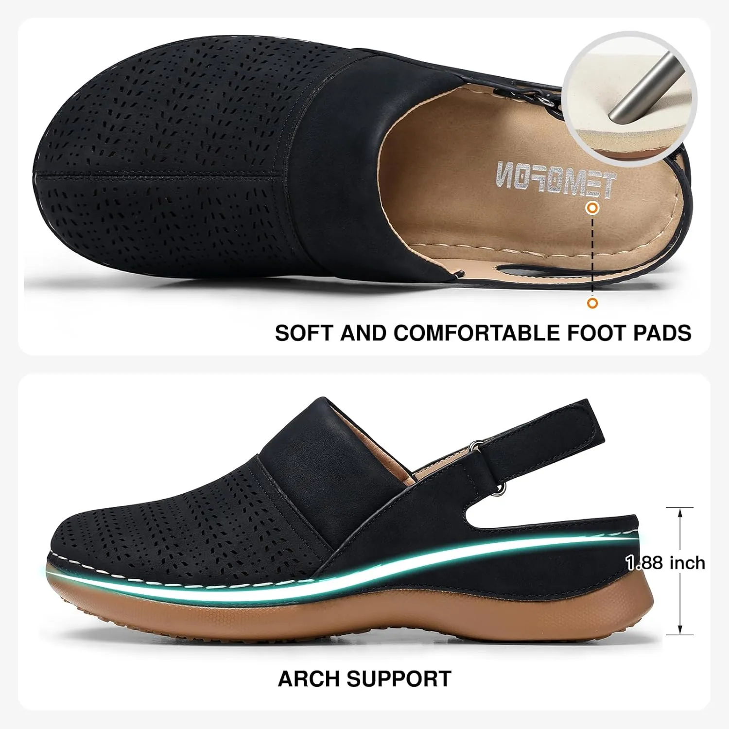 TEMOFON Shoes for Women Clogs Sandals: Comfortable Closed Toe Wedge Shoes Sling-Back Walking Mules with Arch Support