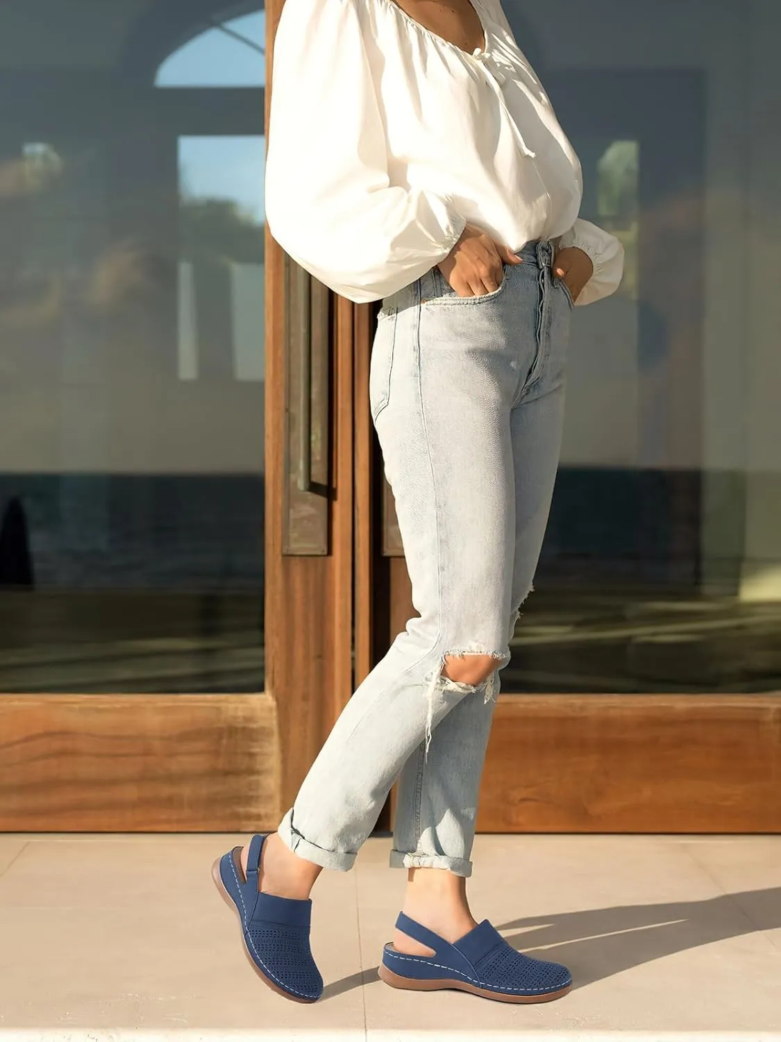 TEMOFON Shoes for Women Clogs Sandals: Comfortable Closed Toe Wedge Shoes Sling-Back Walking Mules with Arch Support