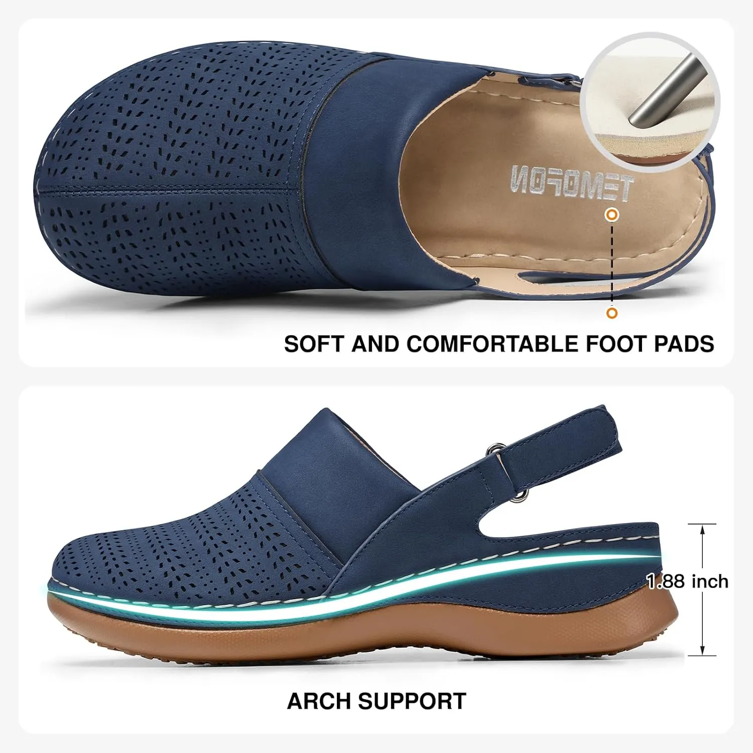 TEMOFON Shoes for Women Clogs Sandals: Comfortable Closed Toe Wedge Shoes Sling-Back Walking Mules with Arch Support