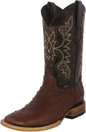 Texas Legacy Mens Brown Cowboy Boots Ostrich Quill Print Leather Square Toe Botas