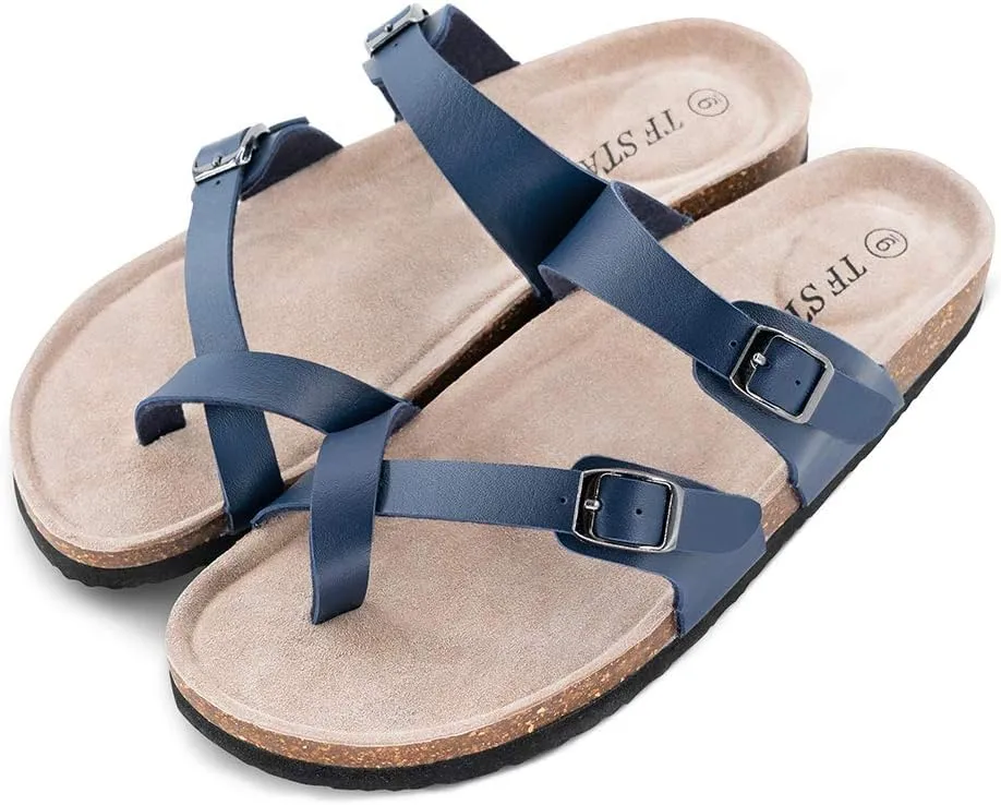 TF STAR Adjustable Sandals, Flat Leather Casual Slippers for Women & Ladies, Flip-Flops Ring Open-Toe Slide Cork Footbed for Teenagers/Girls