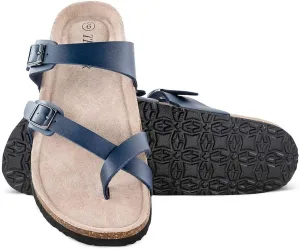 TF STAR Adjustable Sandals, Flat Leather Casual Slippers for Women & Ladies, Flip-Flops Ring Open-Toe Slide Cork Footbed for Teenagers/Girls