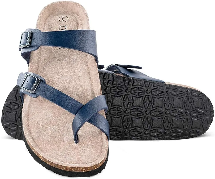 TF STAR Adjustable Sandals, Flat Leather Casual Slippers for Women & Ladies, Flip-Flops Ring Open-Toe Slide Cork Footbed for Teenagers/Girls