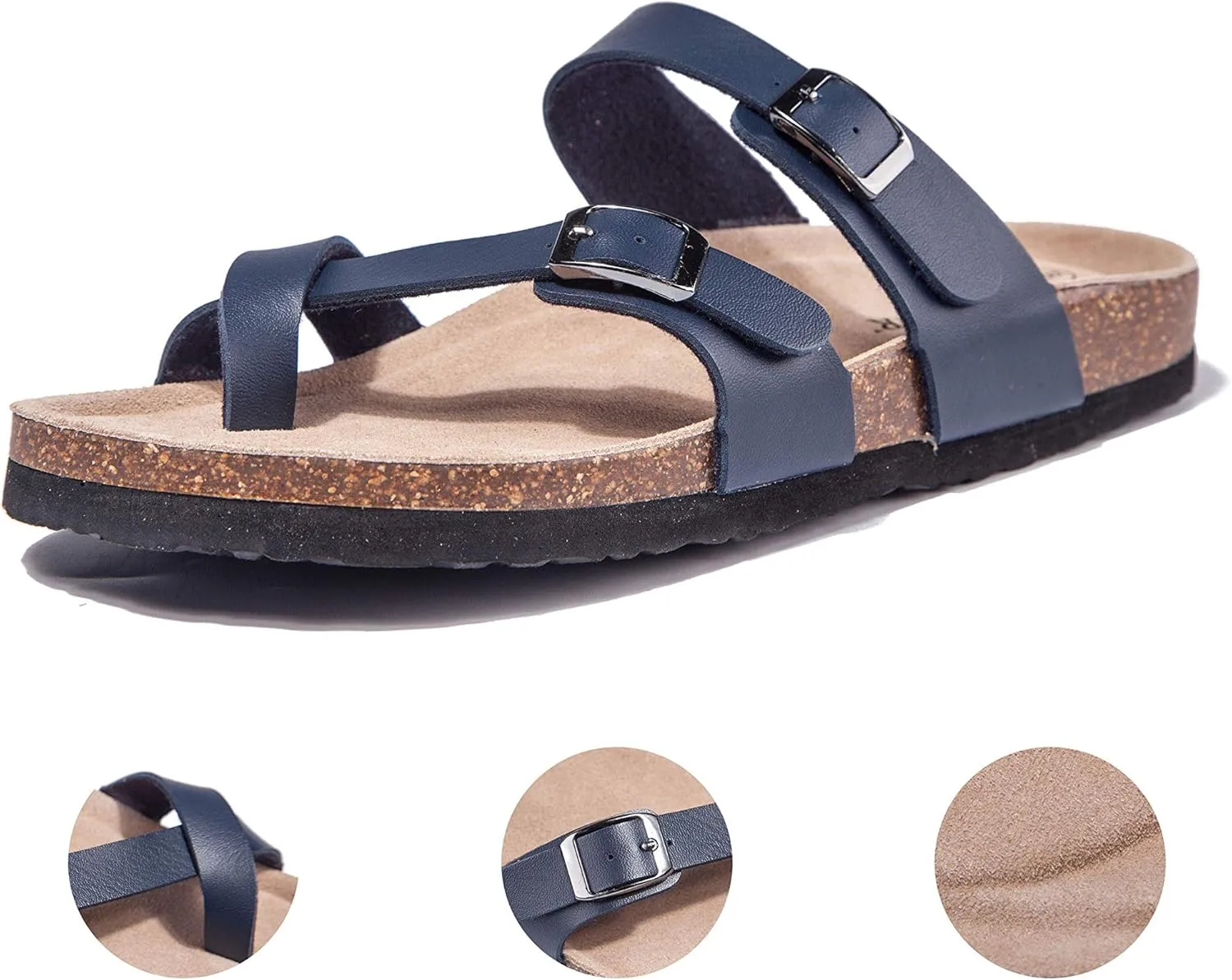 TF STAR Adjustable Sandals, Flat Leather Casual Slippers for Women & Ladies, Flip-Flops Ring Open-Toe Slide Cork Footbed for Teenagers/Girls