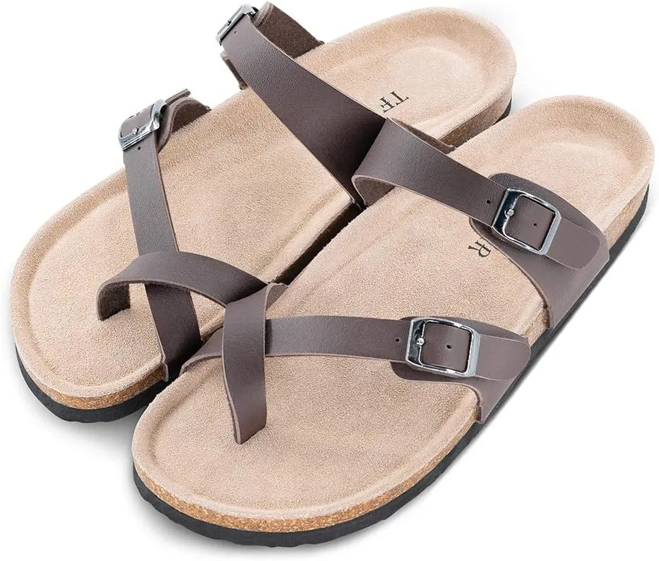 TF STAR Adjustable Sandals, Flat Leather Casual Slippers for Women & Ladies, Flip-Flops Ring Open-Toe Slide Cork Footbed for Teenagers/Girls
