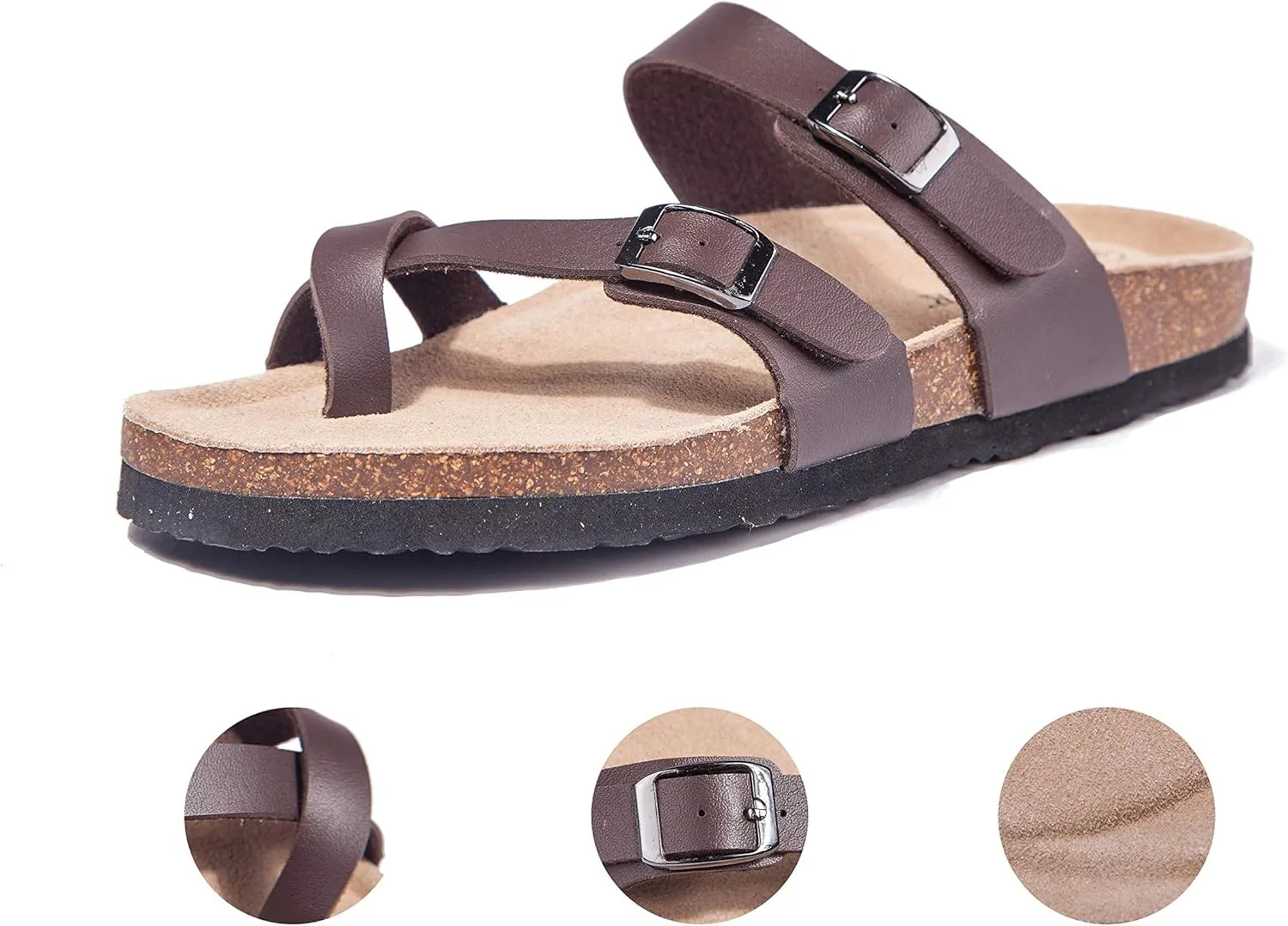 TF STAR Adjustable Sandals, Flat Leather Casual Slippers for Women & Ladies, Flip-Flops Ring Open-Toe Slide Cork Footbed for Teenagers/Girls