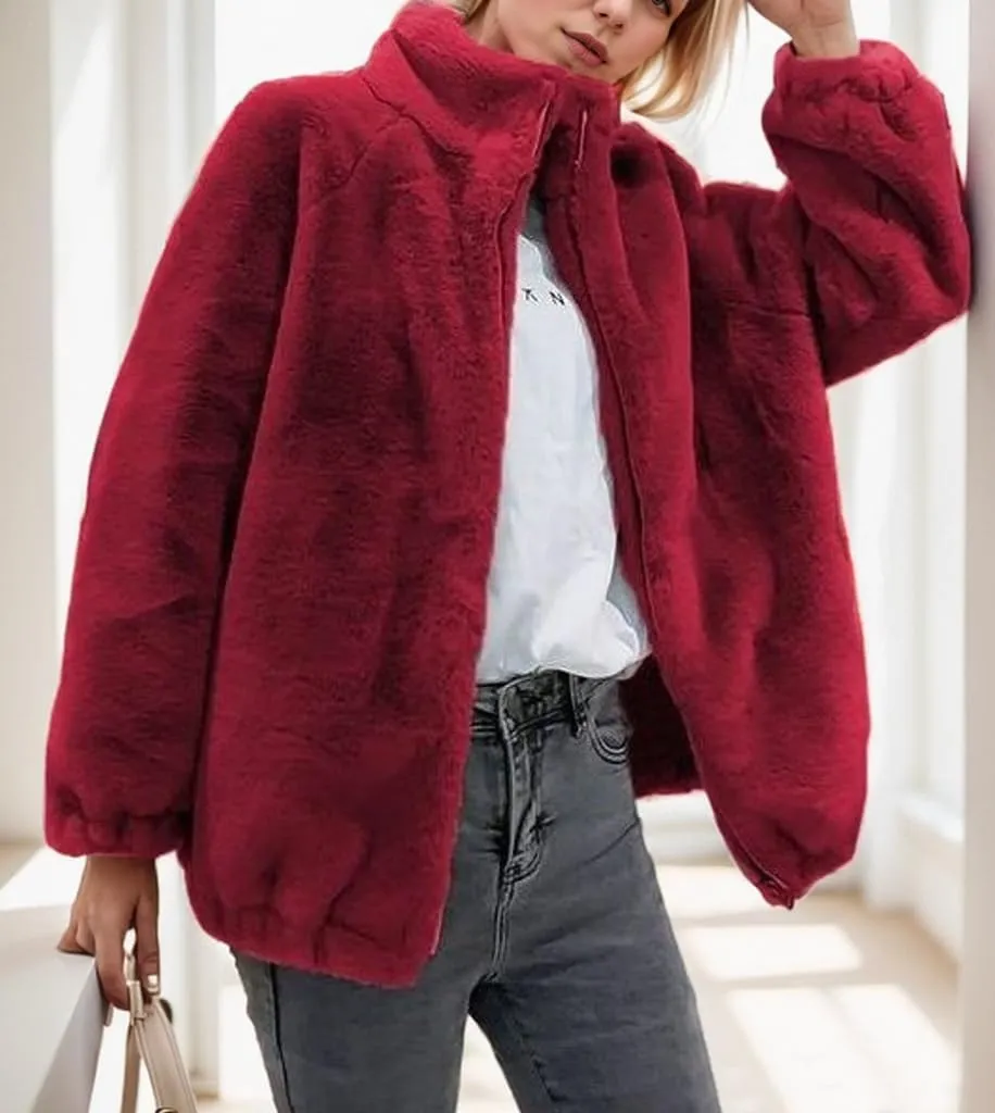 TIAFORD Women's Zip Up Sherpa Sweatshirt Fuzzy Fleece Solid Color Coat Long Sleeves Oversized Pull On Outerwear
