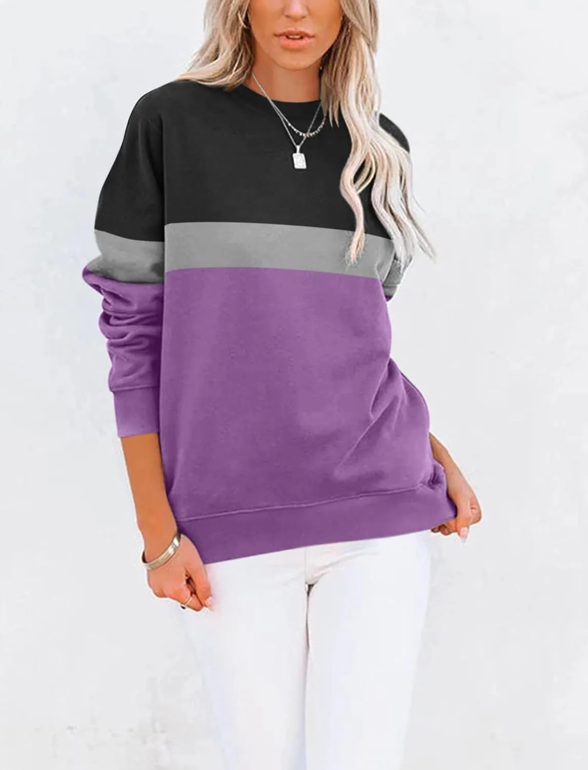 TICTICMIMI Women's Casual Long Sleeve Color Block/Solid Tops Crewneck Sweatshirts Cute Loose Fit Pullover with Pockets