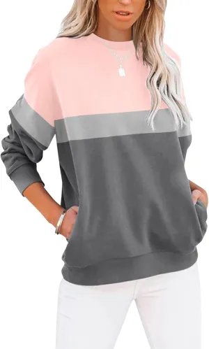 TICTICMIMI Women's Casual Long Sleeve Color Block/Solid Tops Crewneck Sweatshirts Cute Loose Fit Pullover with Pockets