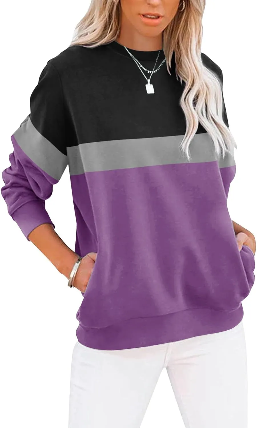 TICTICMIMI Women's Casual Long Sleeve Color Block/Solid Tops Crewneck Sweatshirts Cute Loose Fit Pullover with Pockets