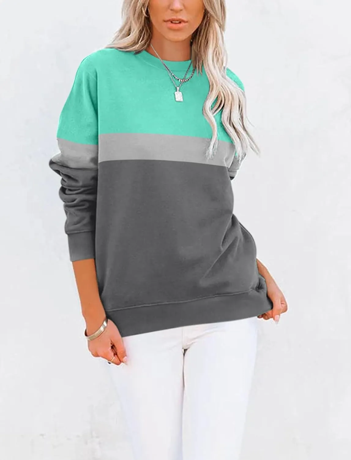 TICTICMIMI Women's Casual Long Sleeve Color Block/Solid Tops Crewneck Sweatshirts Cute Loose Fit Pullover with Pockets