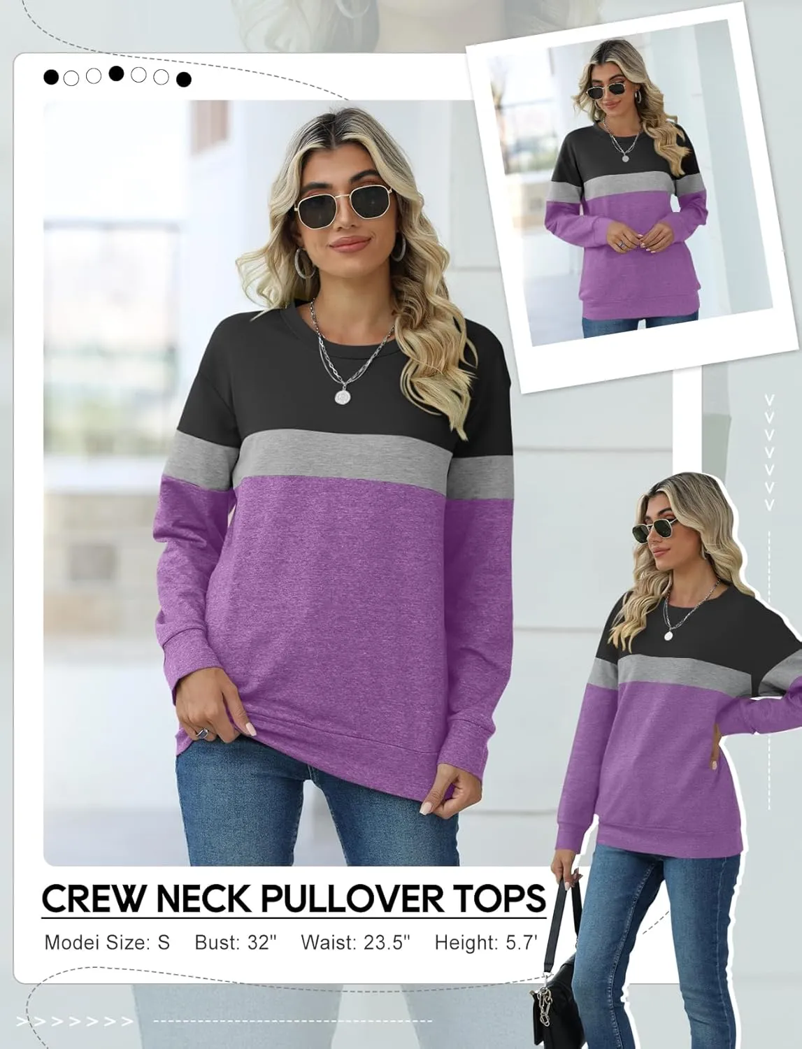 TICTICMIMI Women's Casual Long Sleeve Color Block/Solid Tops Crewneck Sweatshirts Cute Loose Fit Pullover with Pockets